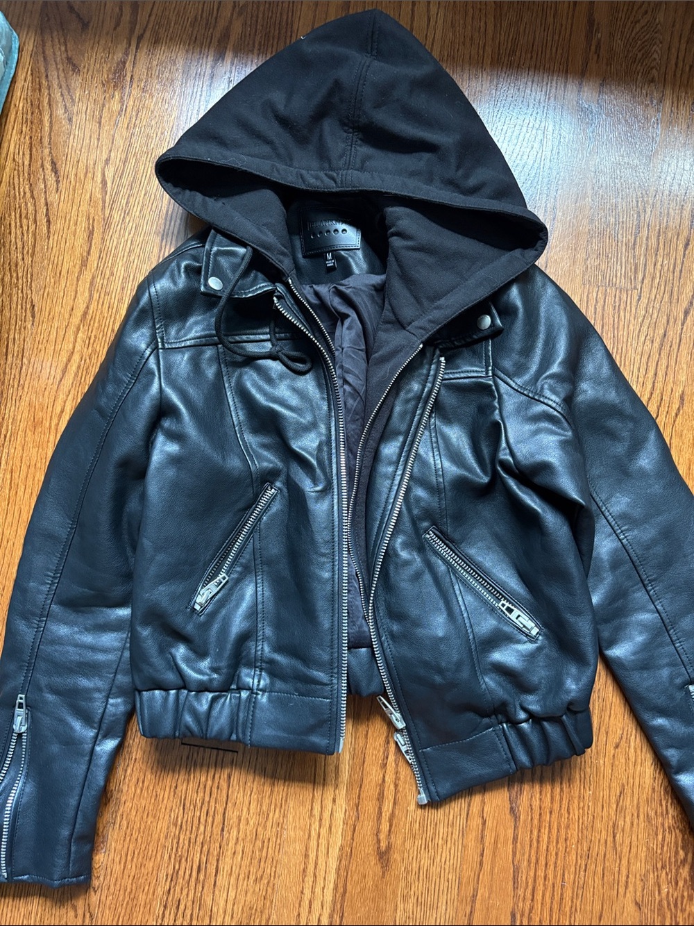 Blank nyc Black vegan Leather sweatshirt hooded  Jacket - Classic Moto Style